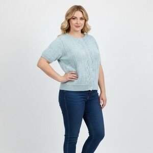 Handmade Pastel Cable Knit Short Sleeve Cardigan Sweater Blue Green Variegated‎